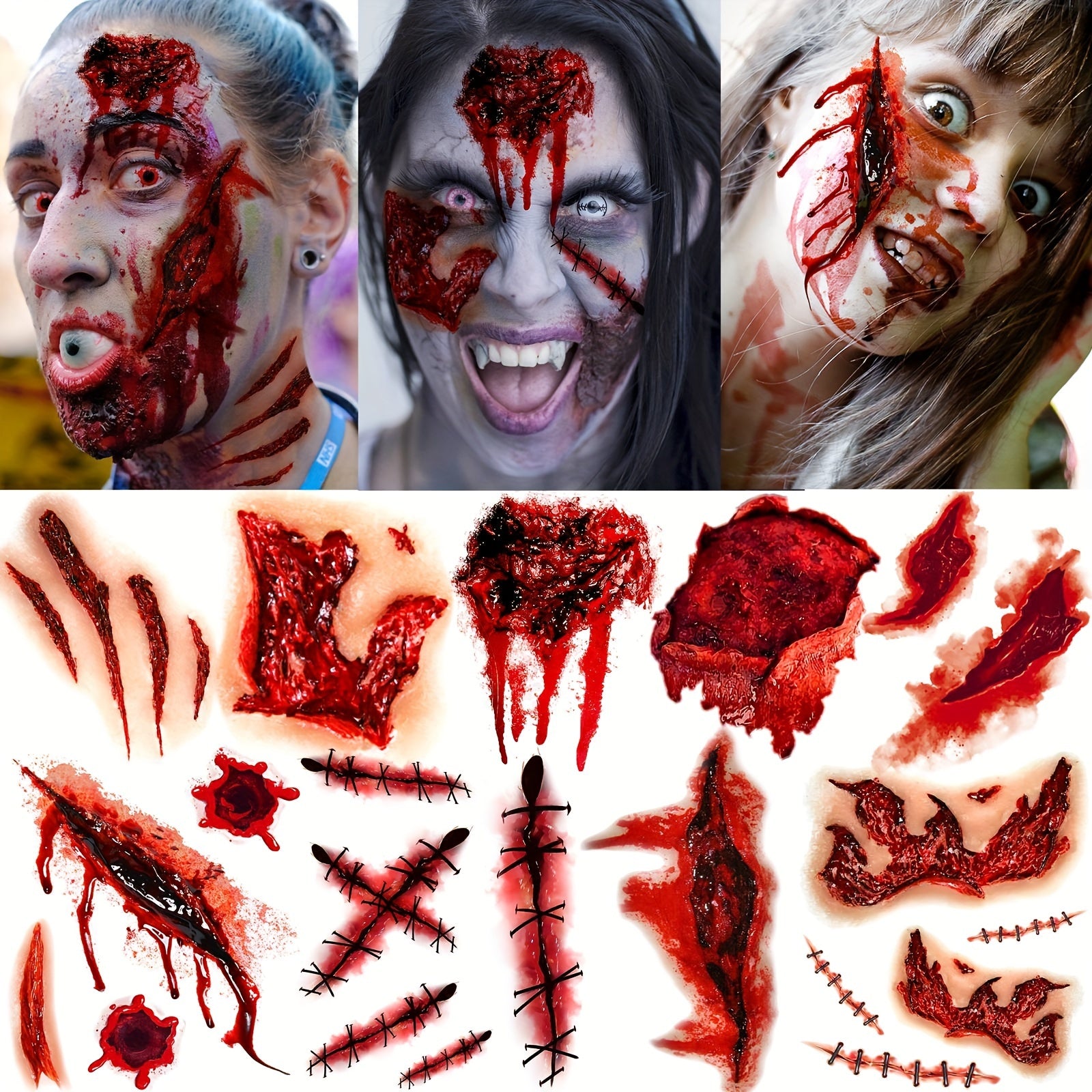 Collage of people with zombie makeup and a set of Halloween blood and wound stickers.