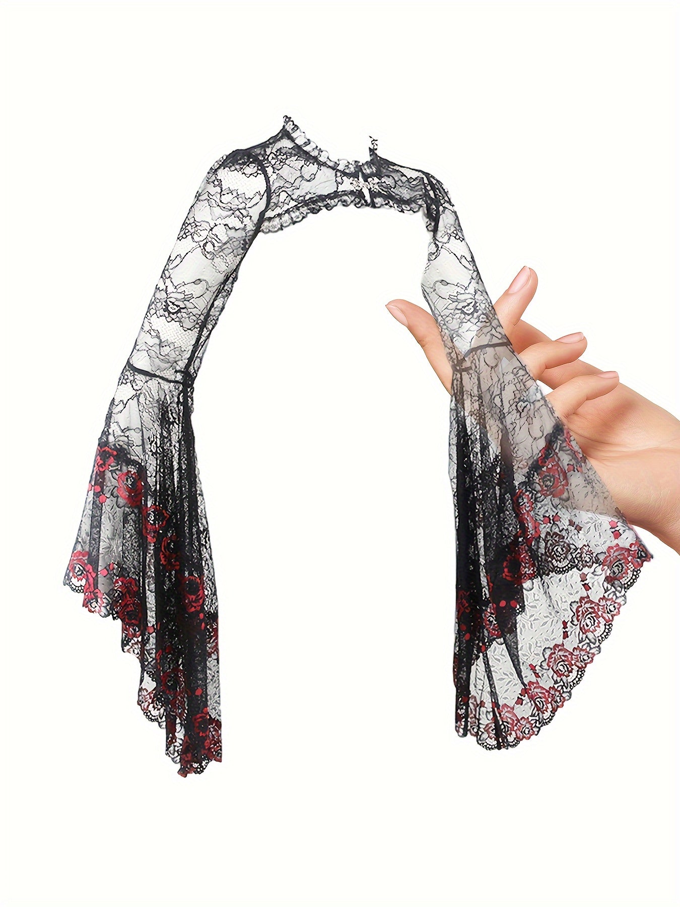 Gothic Lace Shawl Top for Women - High Neck Long Sleeve Semi-Sheer Blouse with Red Rose & Black Guipure Lace Trim