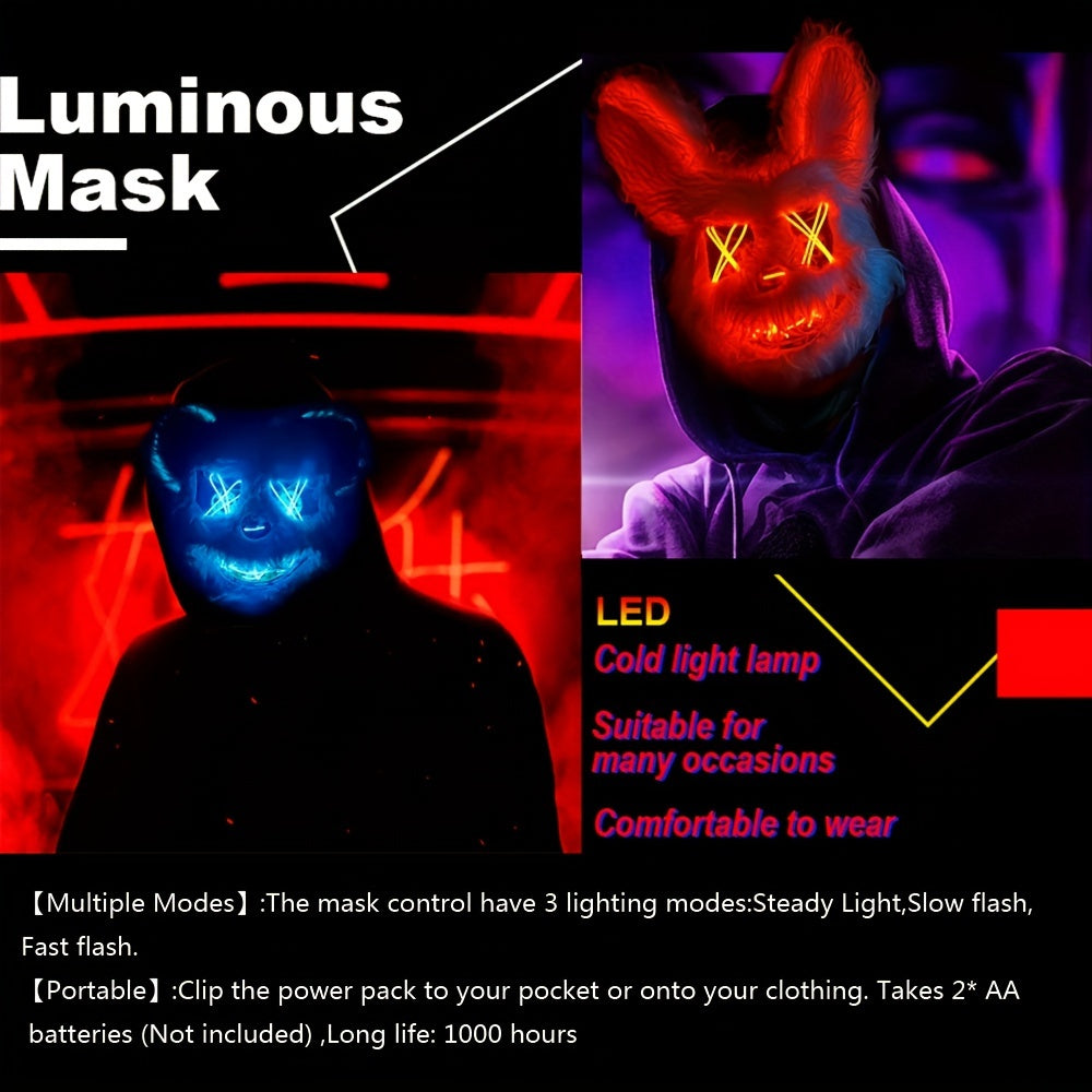 Luminous mask with LED lights, shown in blue and red colors, on a dark background.