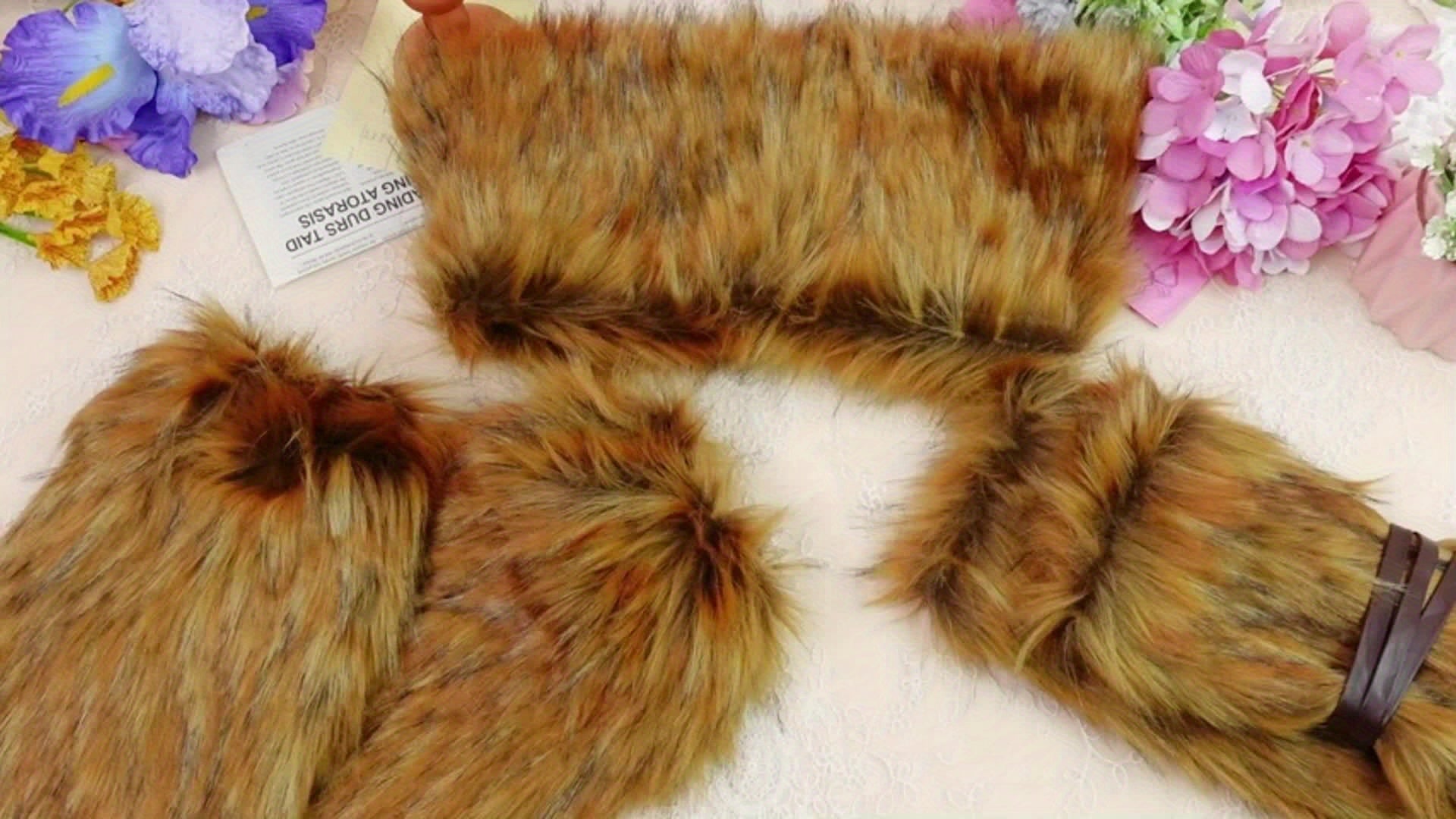 Fur product with a label on a light background with flowers