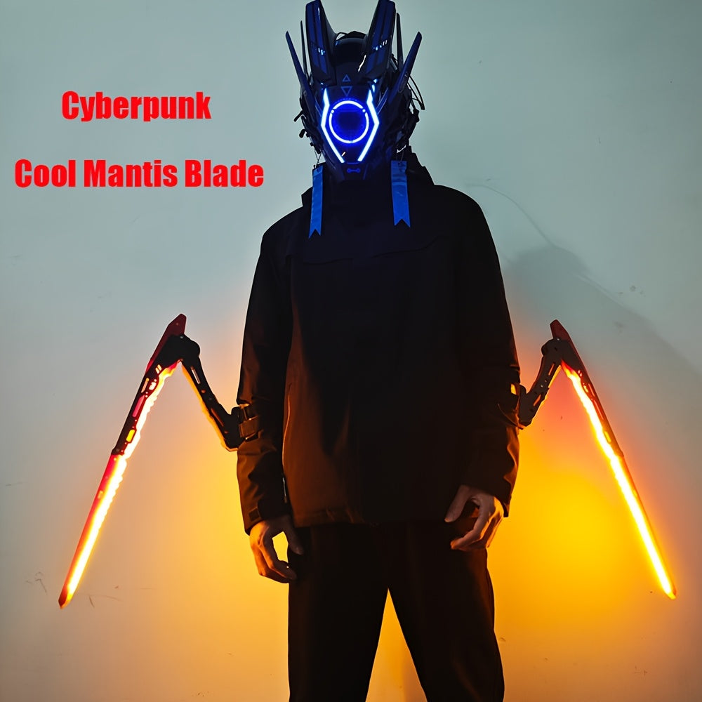 Person wearing a futuristic helmet with glowing elements and holding glowing swords against a gradient background.