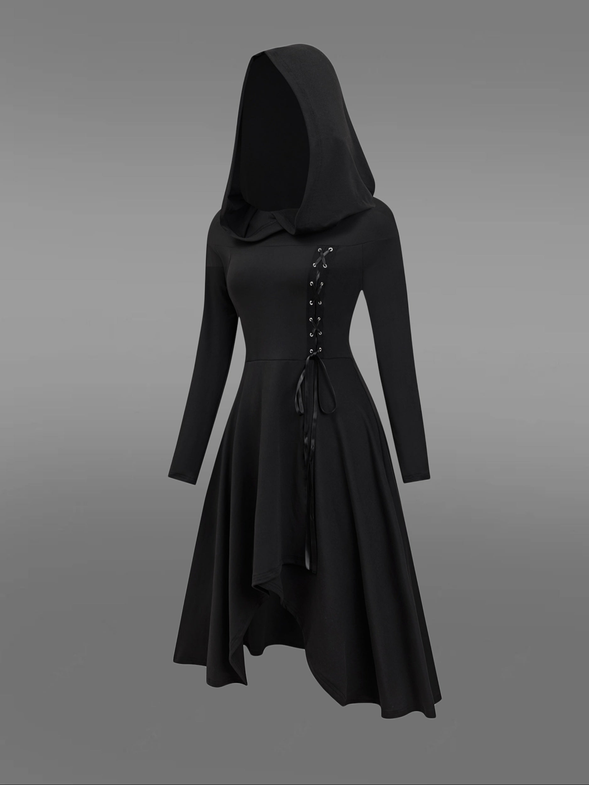 Black hooded dress with decorative elements on a gray background